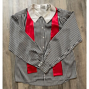 Vtg 80s Striped Satin Blouse Red Tie White Collar Bold Glam Rock Shirt Size 10